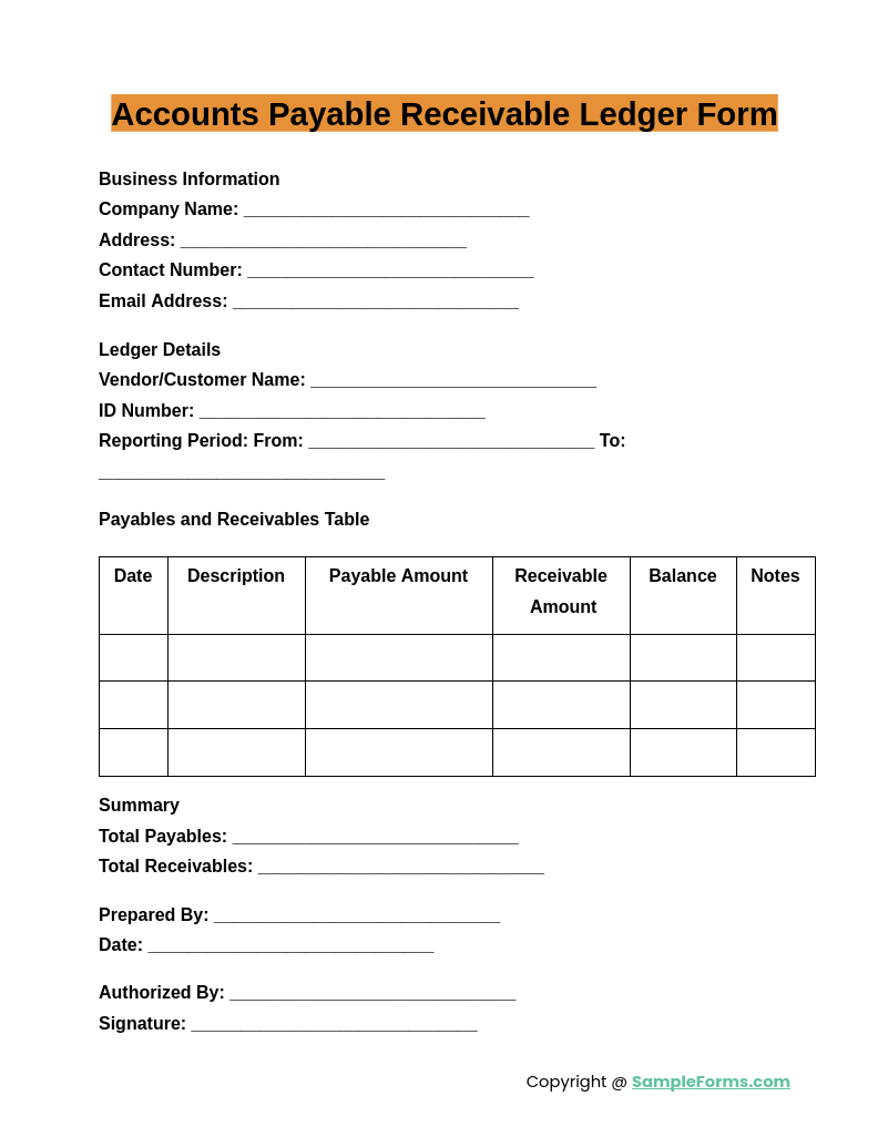 accounts payable receivable ledger form