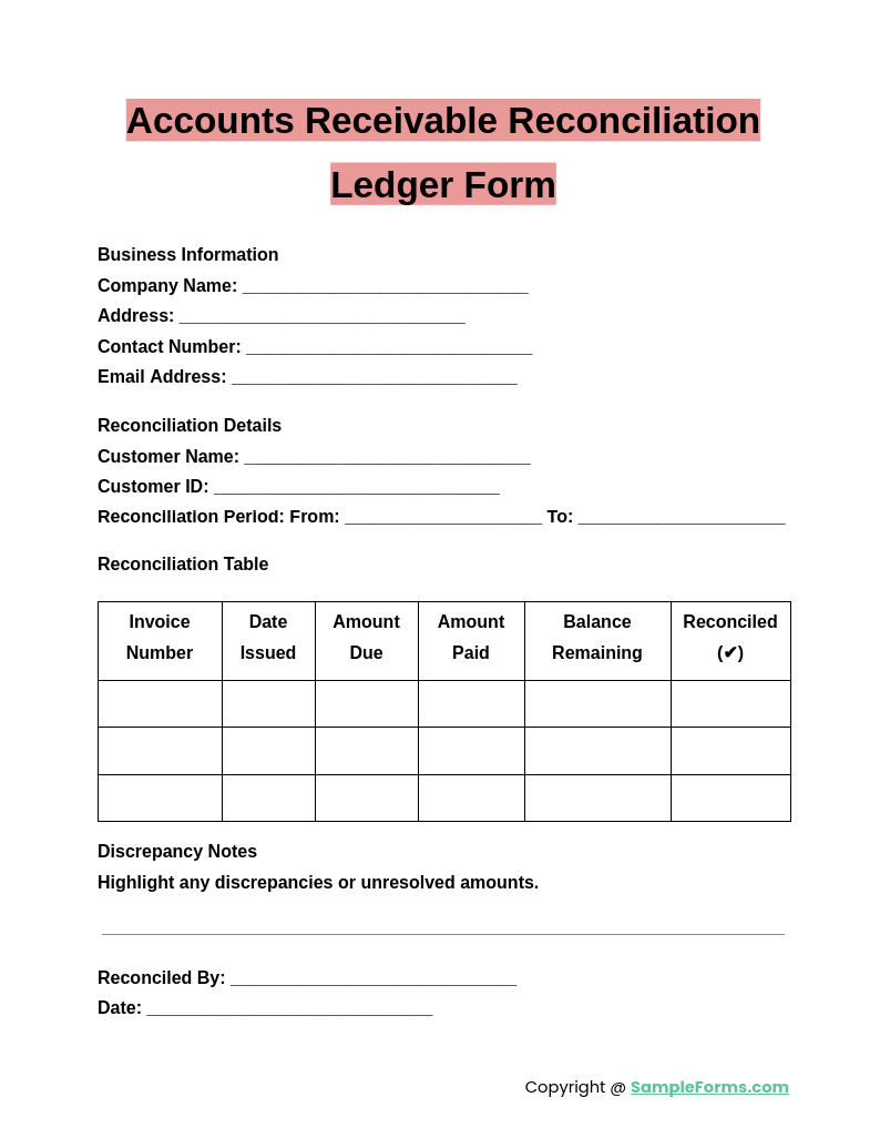 accounts receivable reconciliation ledger form