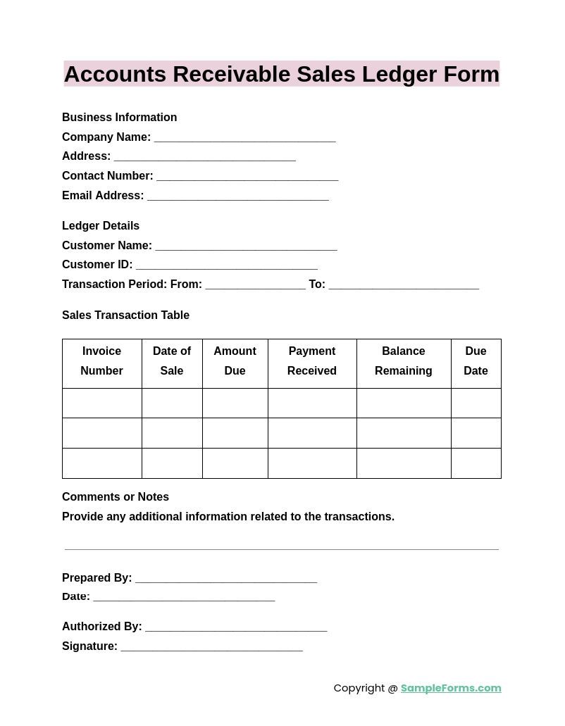 accounts receivable sales ledger form