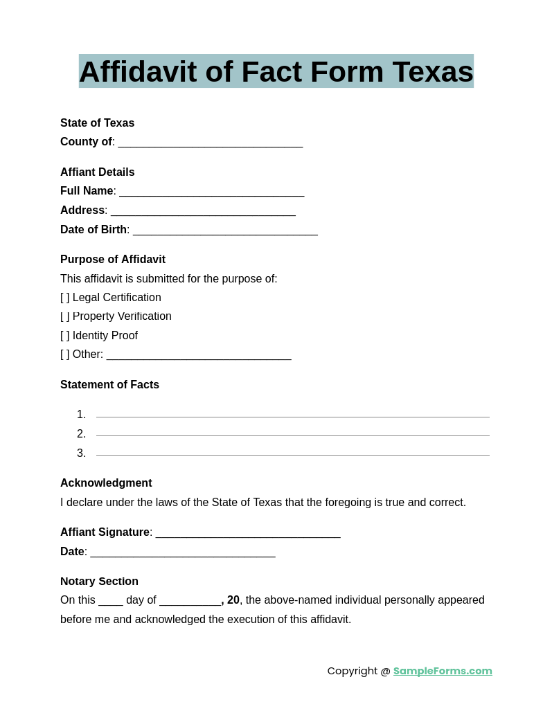 affidavit of fact form texas