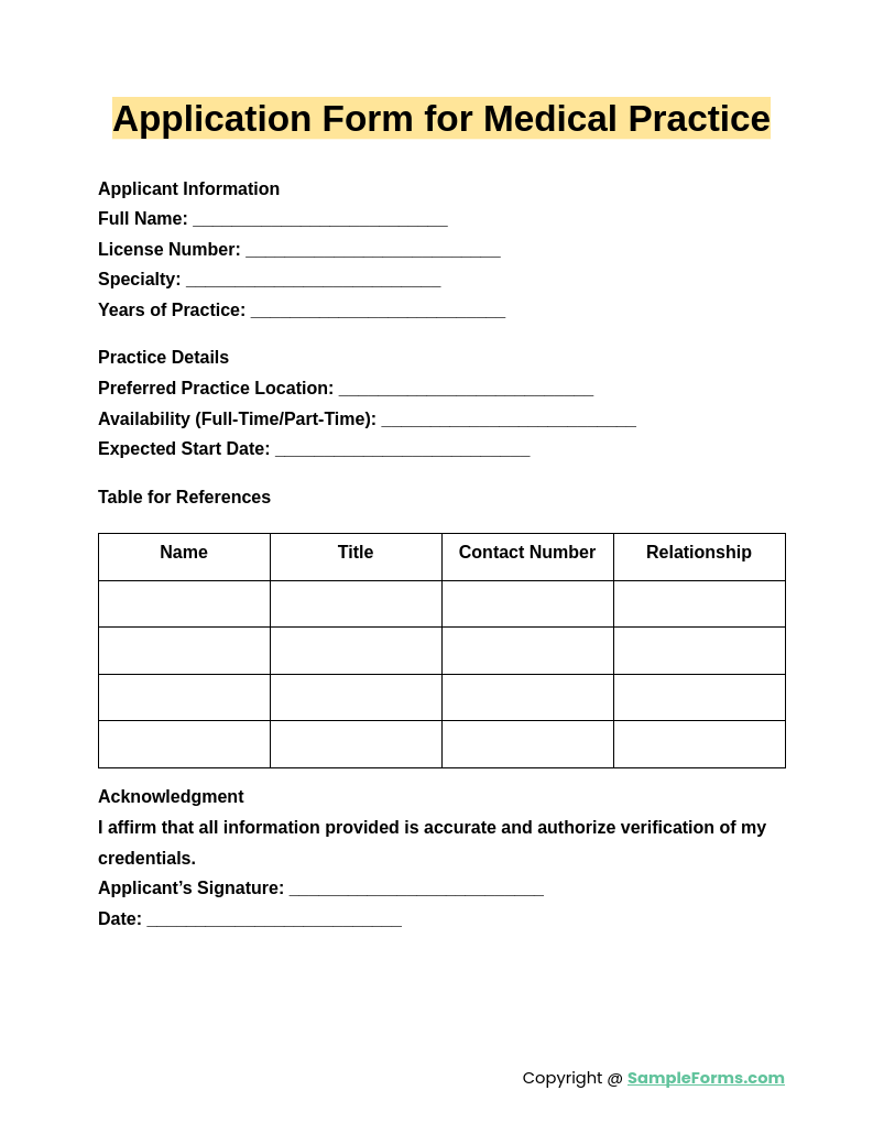 application form for medical practice