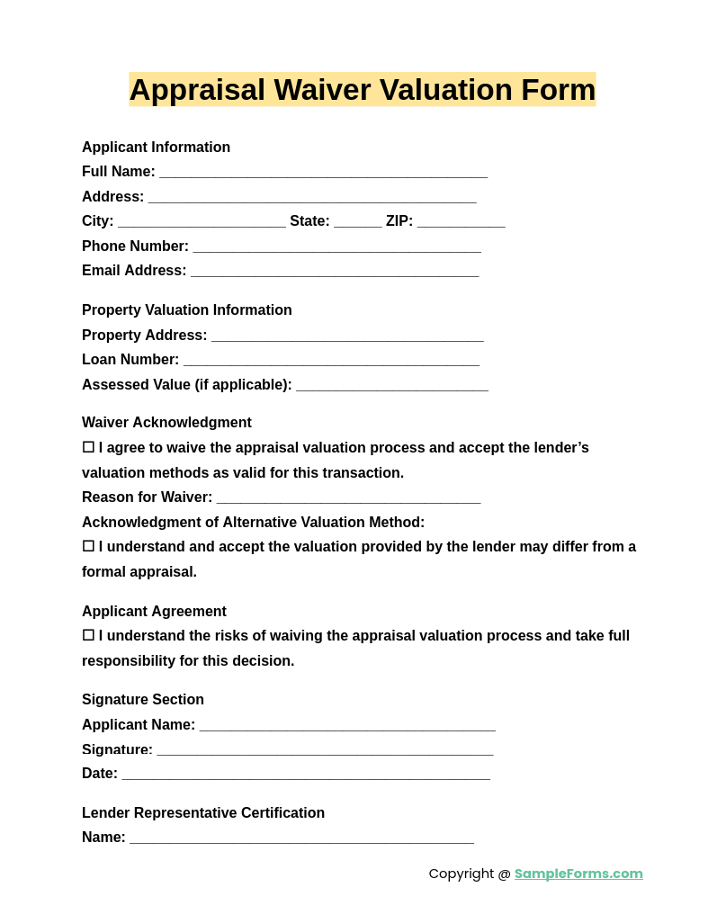 appraisal waiver valuation form