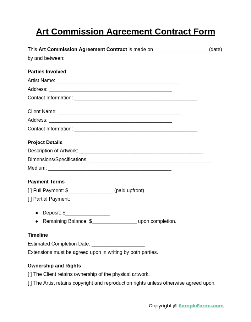 art commission agreement contract form