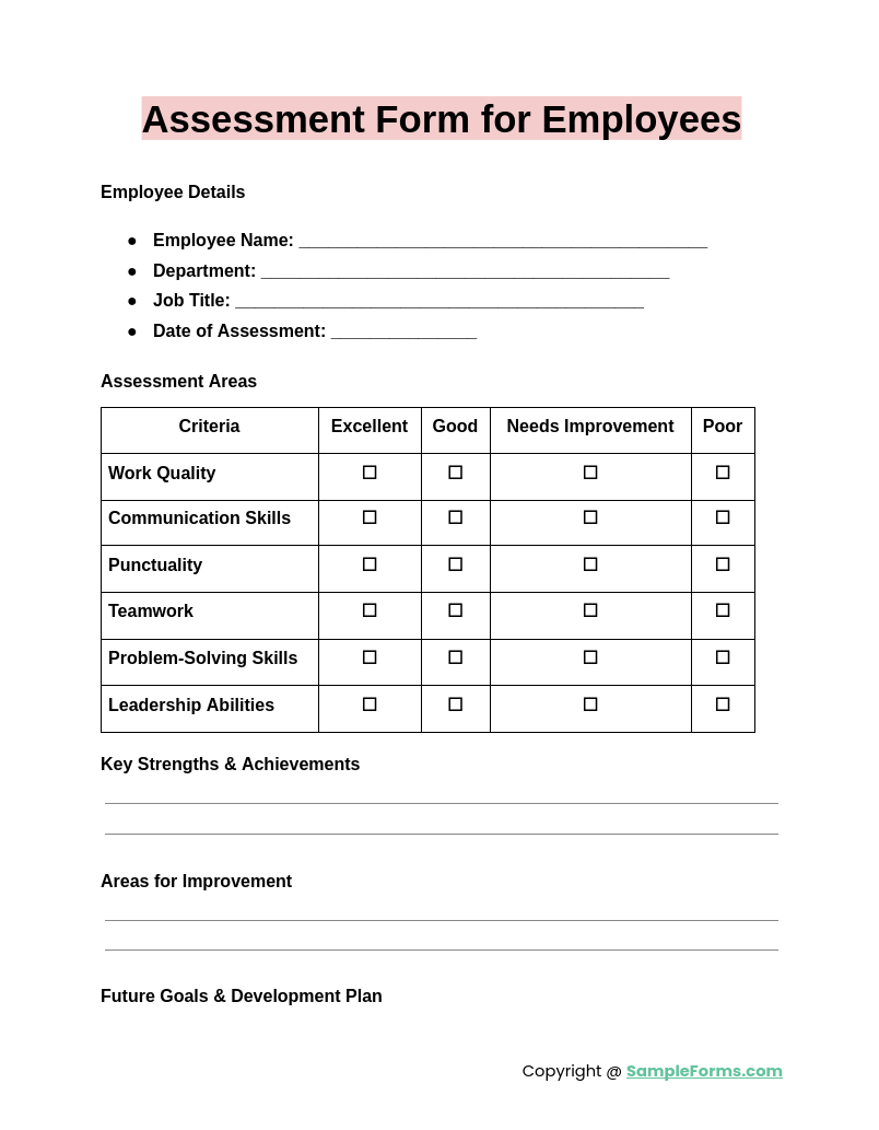 assessment form for employees