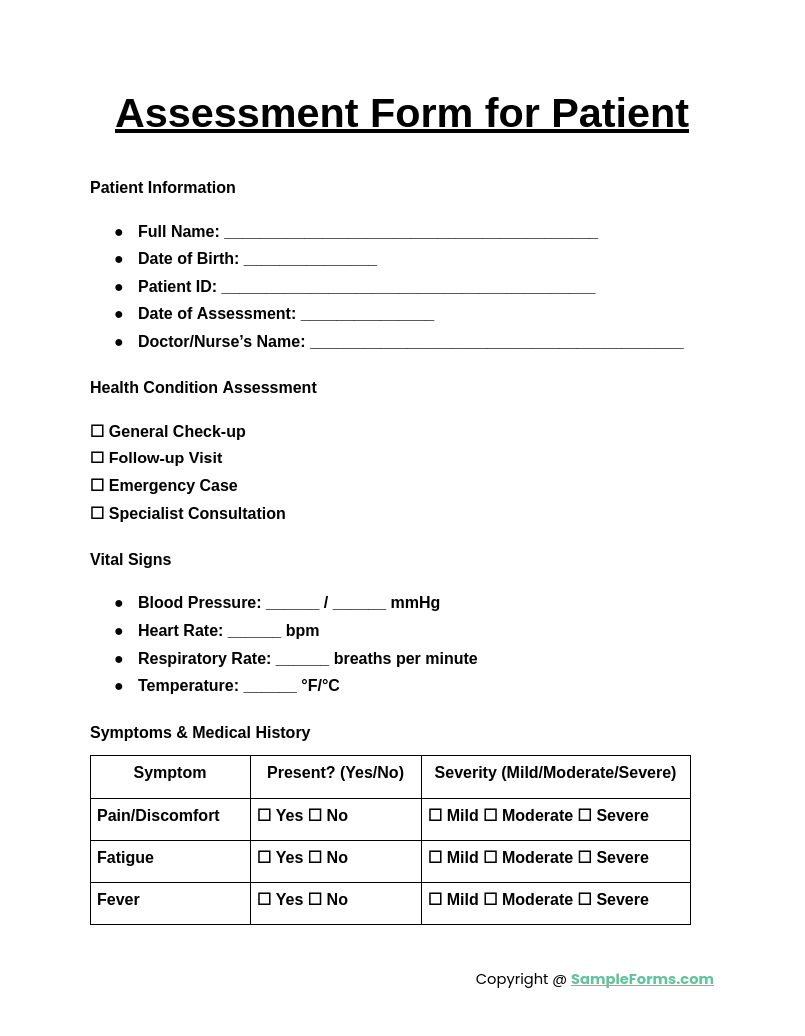 assessment form for patient