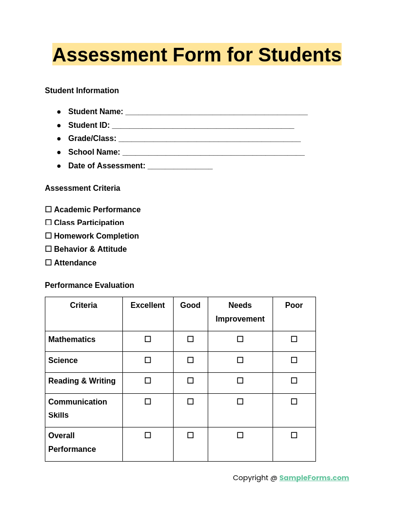 assessment form for students