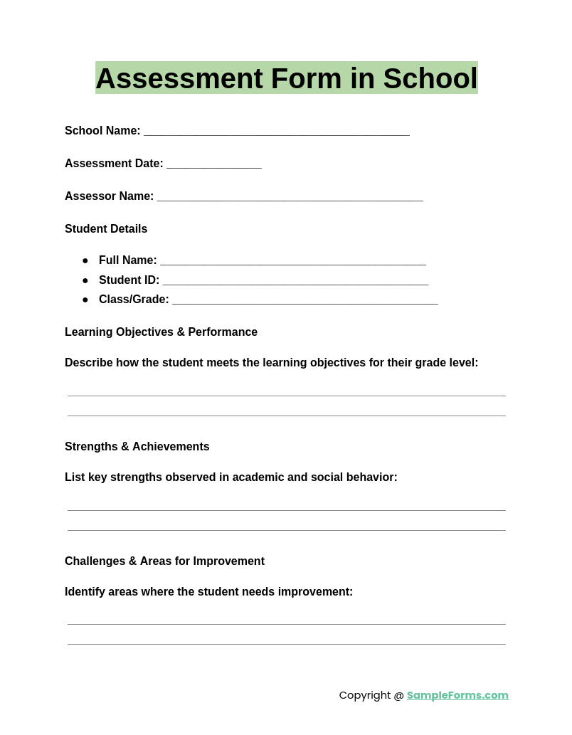 assessment form in school