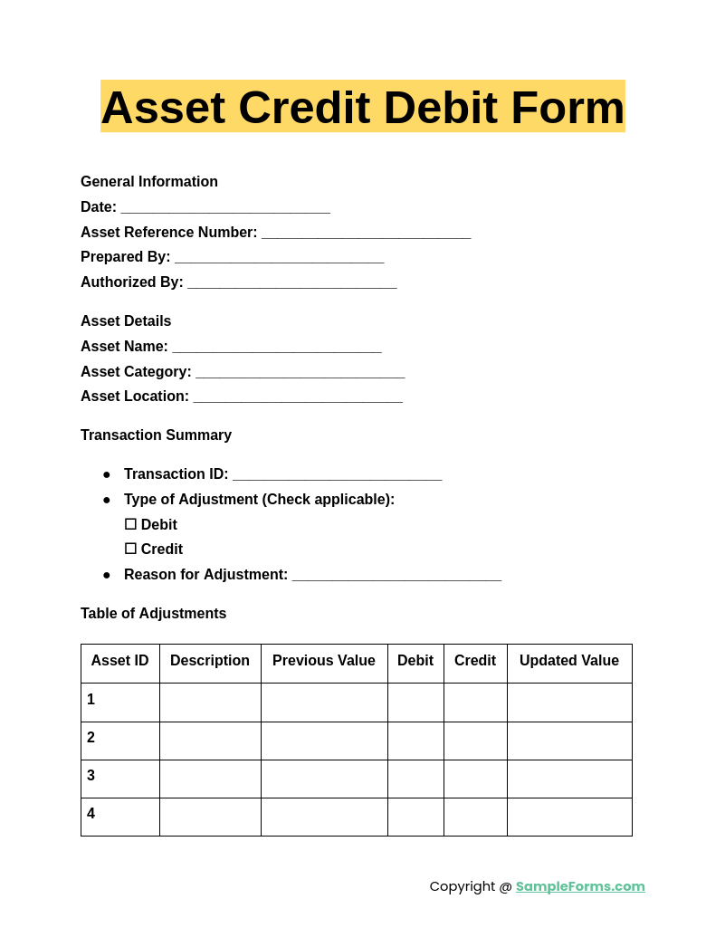 asset credit debit form