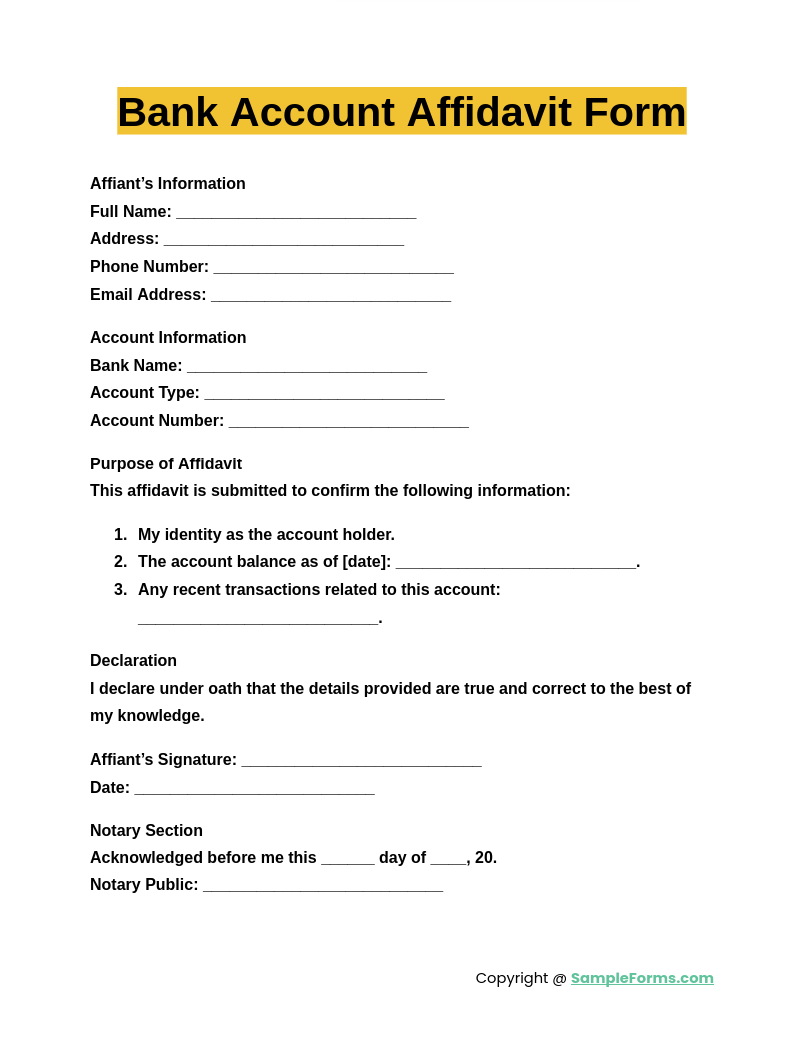 bank account affidavit form