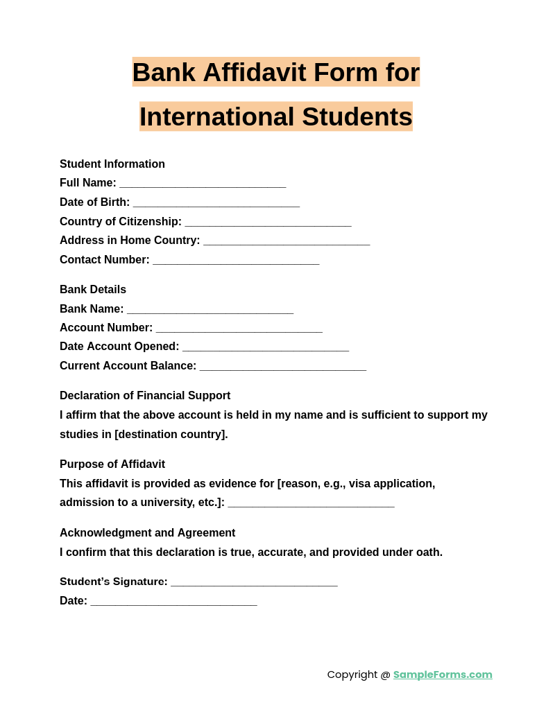 bank affidavit form for international students