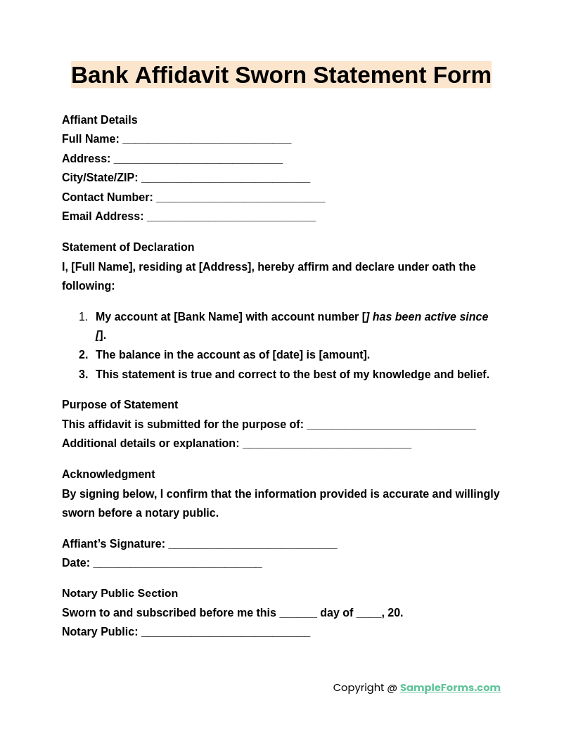 bank affidavit sworn statement form