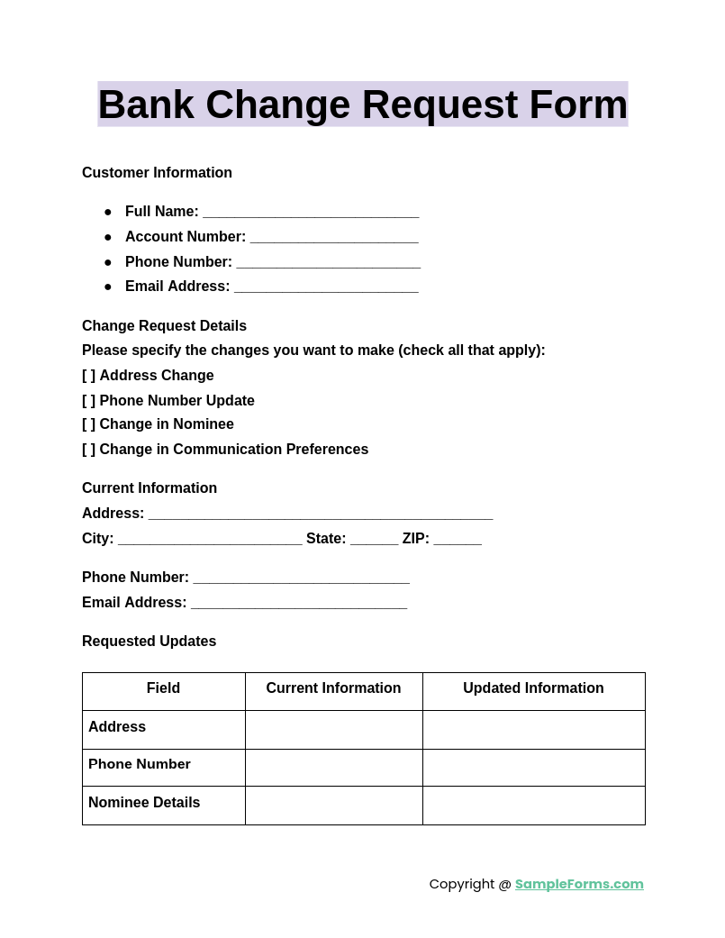 bank change request form