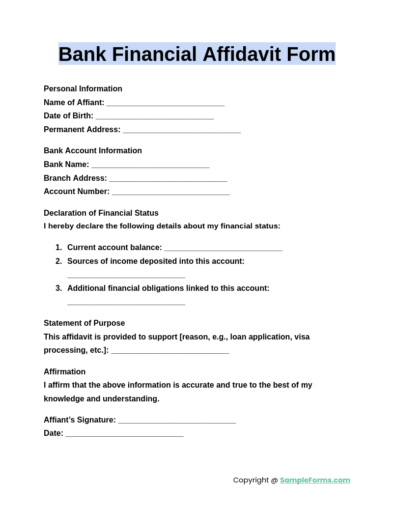 bank financial affidavit form