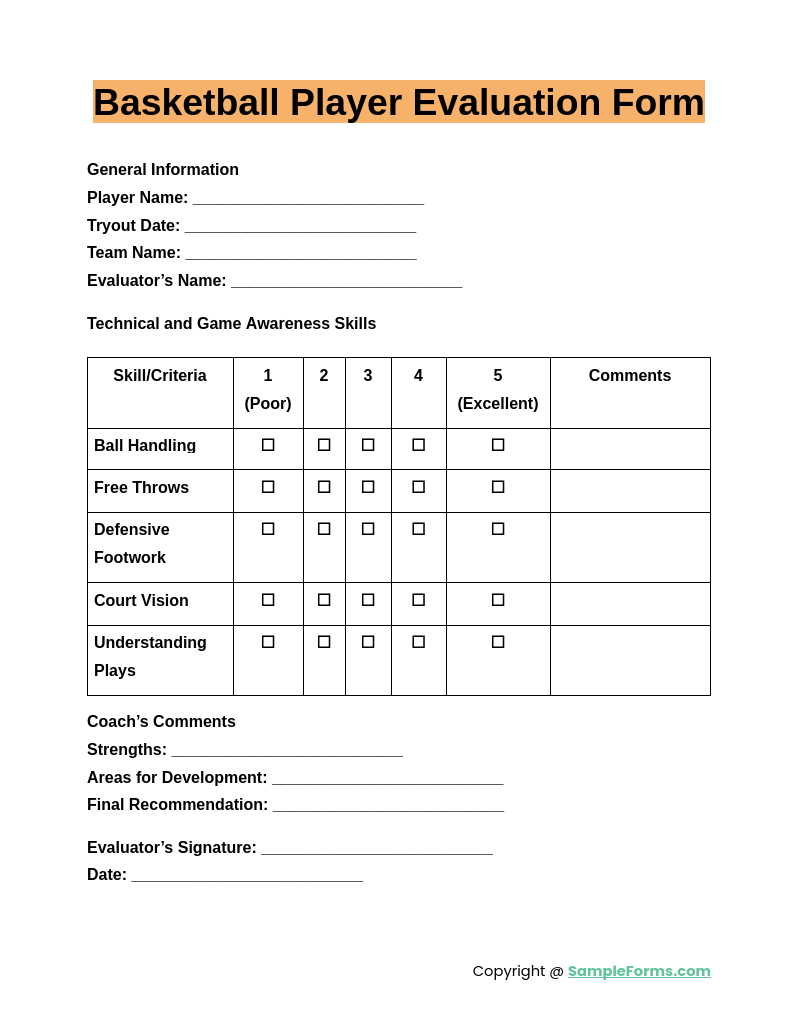 basketball player evaluation form