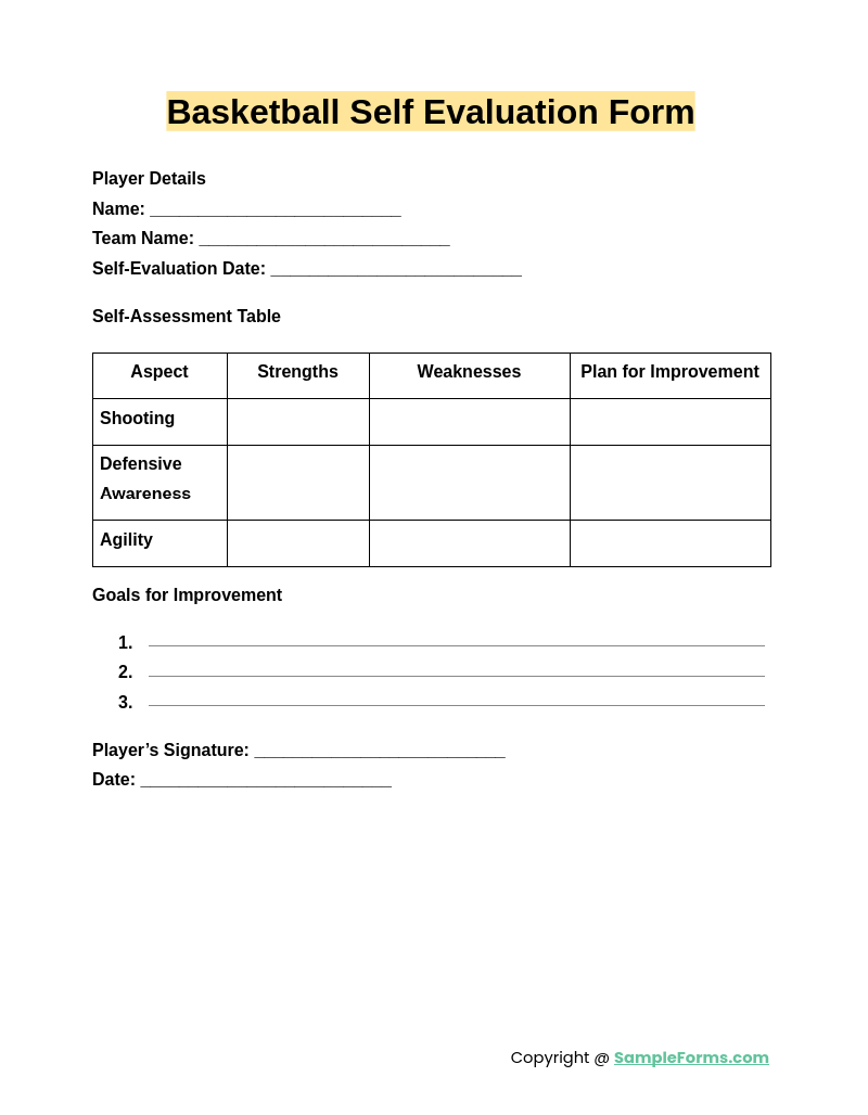 basketball self evaluation form