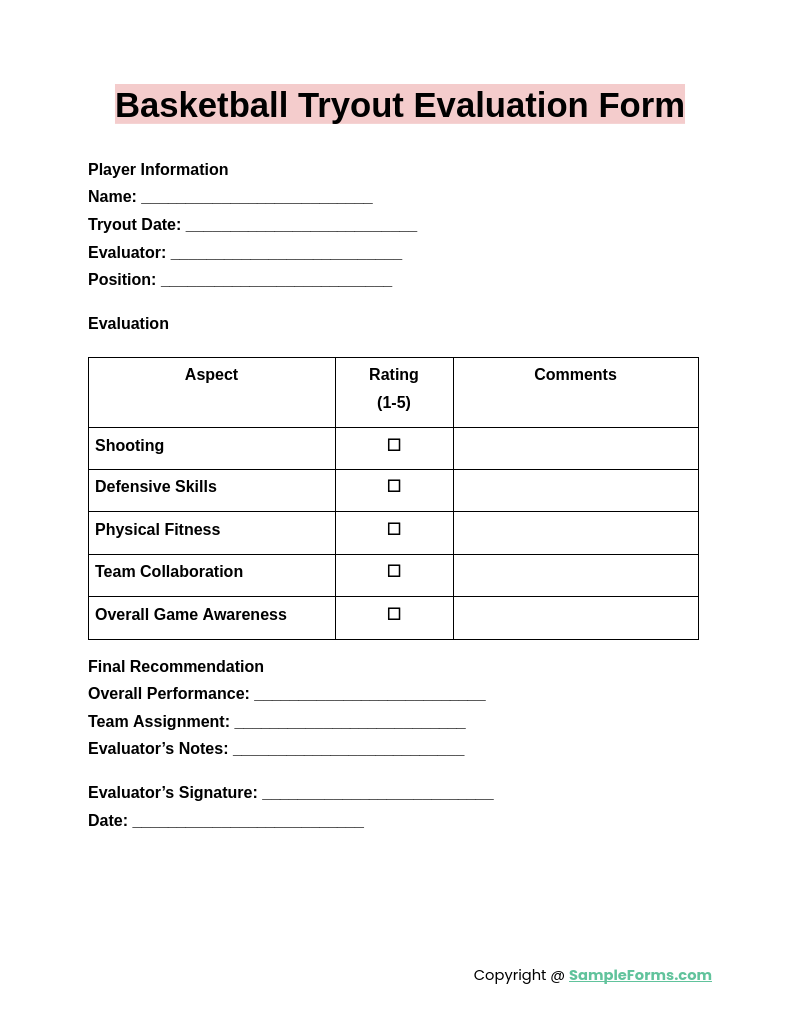 basketball tryout evaluation form