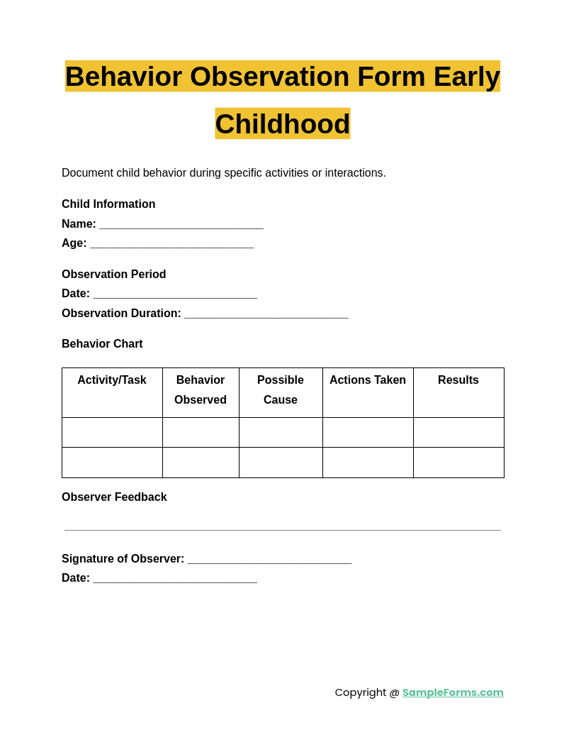 behavior observation form early childhood