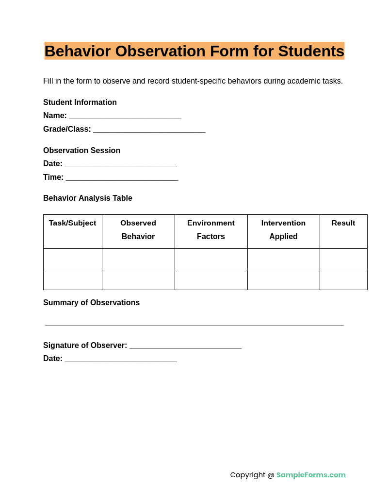 behavior observation form for students