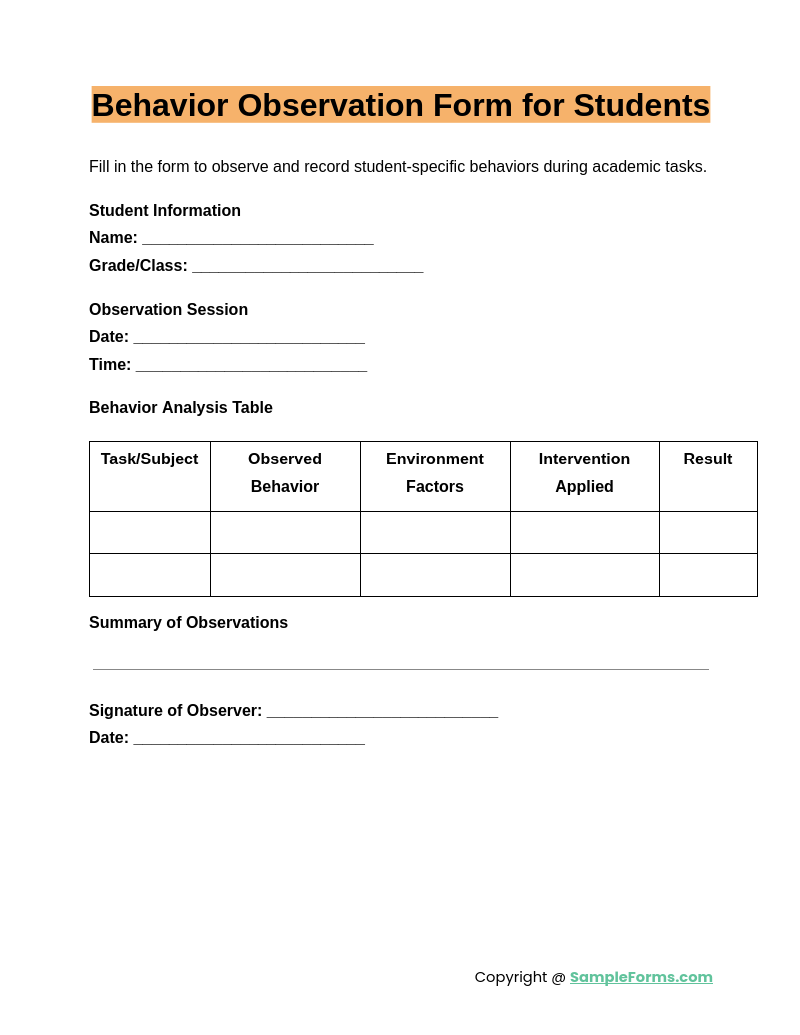 FREE 8+ Behavior Observation Form Samples, PDF, MS Word, Google Docs