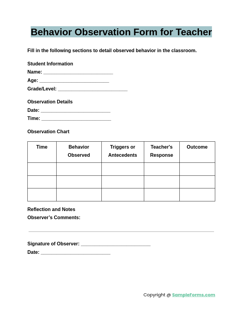 behavior observation form for teacher