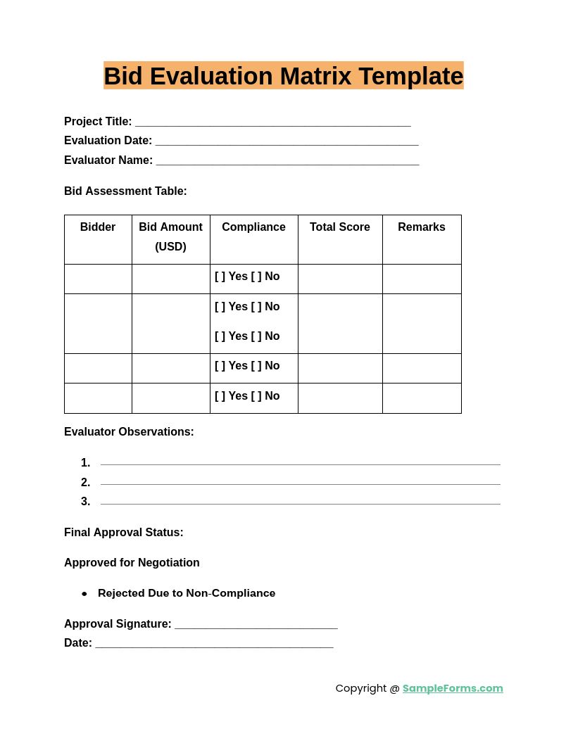 bid evaluation matrix template