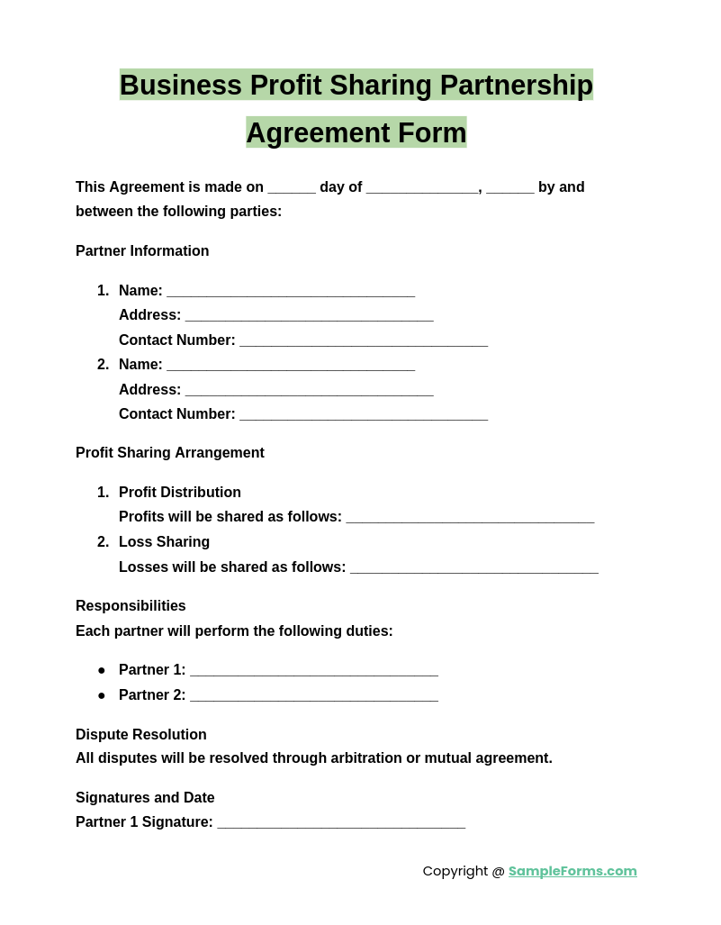 business profit sharing partnership agreement form