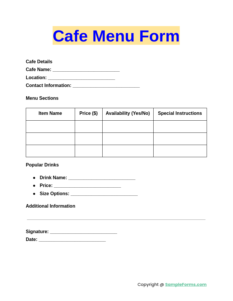 cafe menu form