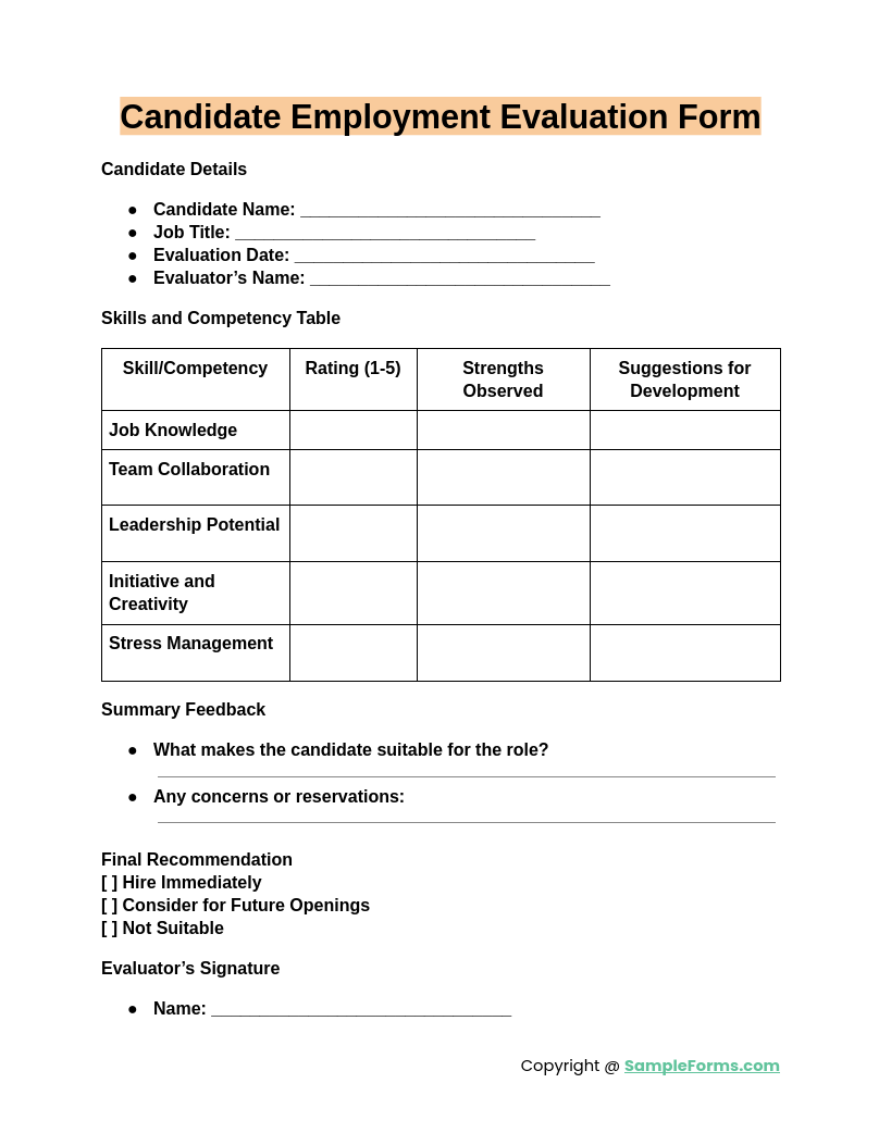 candidate employment evaluation form