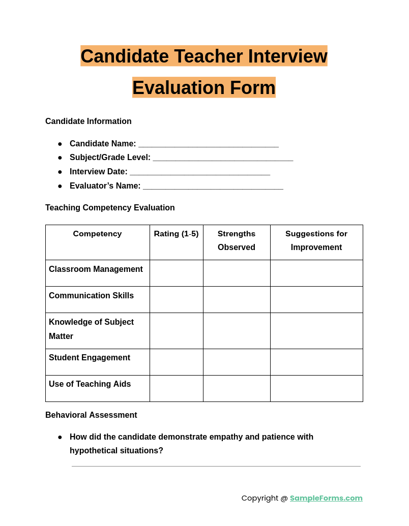 candidate teacher interview evaluation form