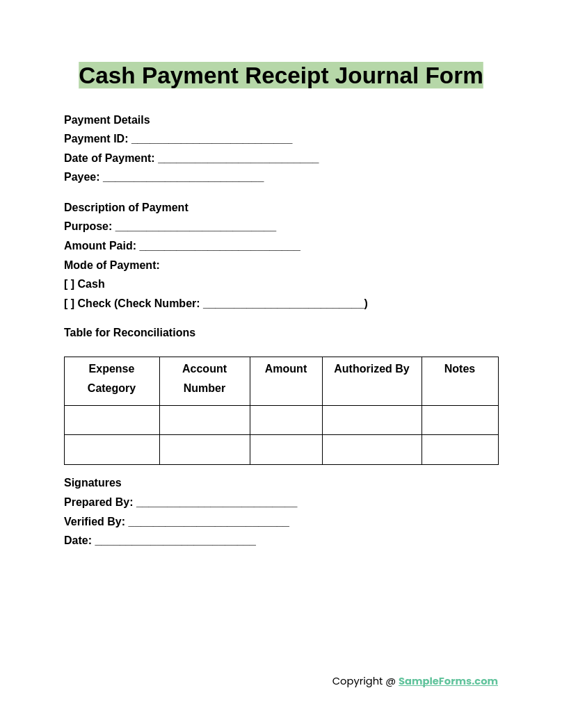 cash payment receipt journal form