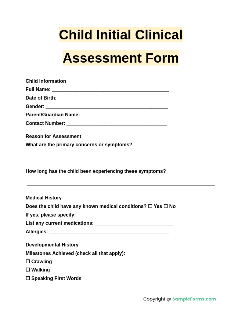 child initial clinical assessment form