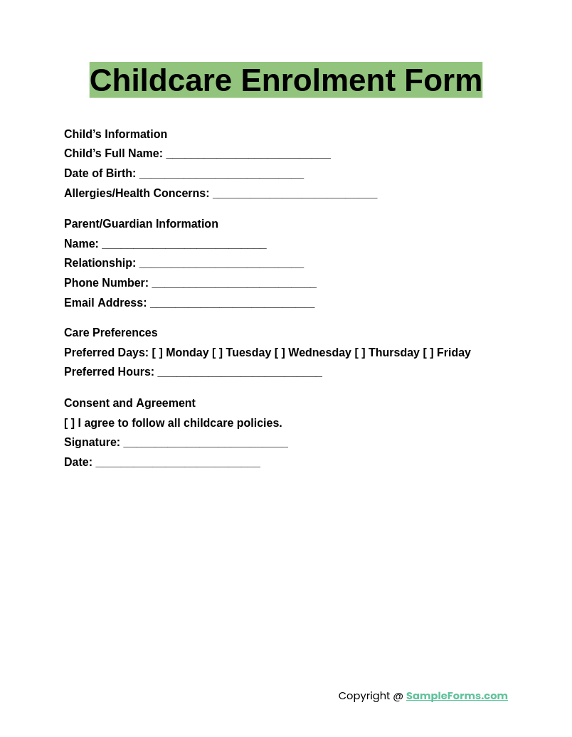 childcare enrolment form