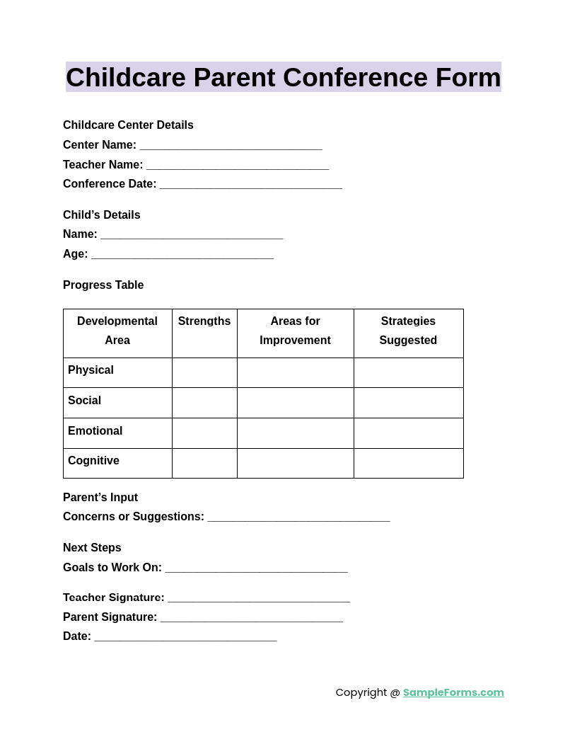 childcare parent conference form