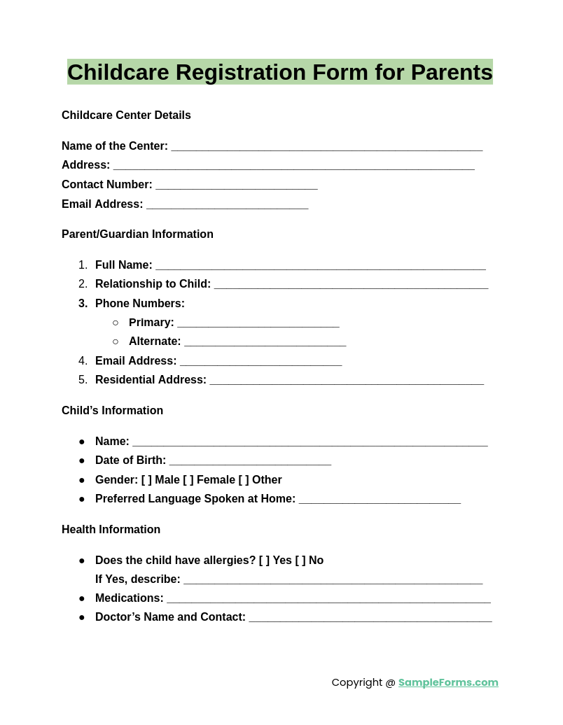 childcare registration form for parents