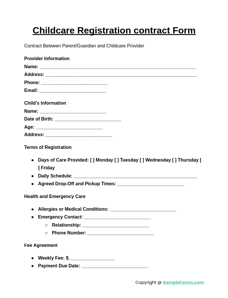 childcare registration contract form