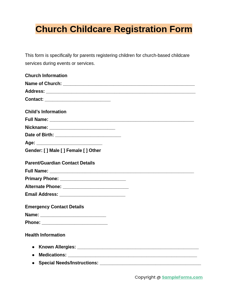 church childcare registration form