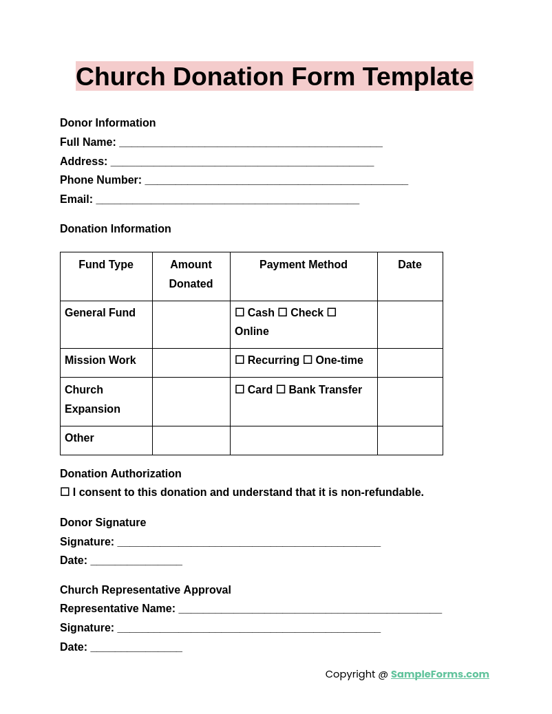 church donation form template