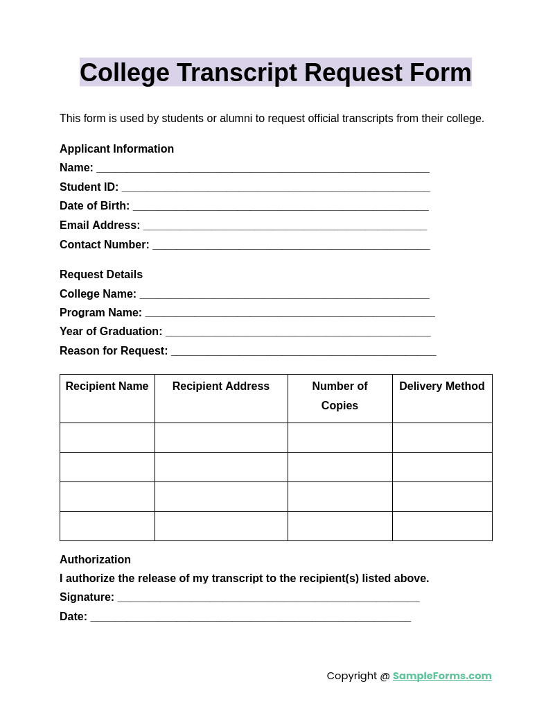 college transcript request form