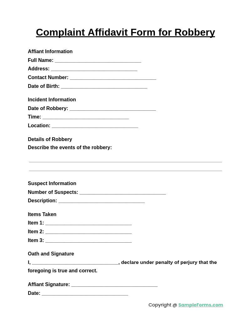 complaint affidavit form for robbery