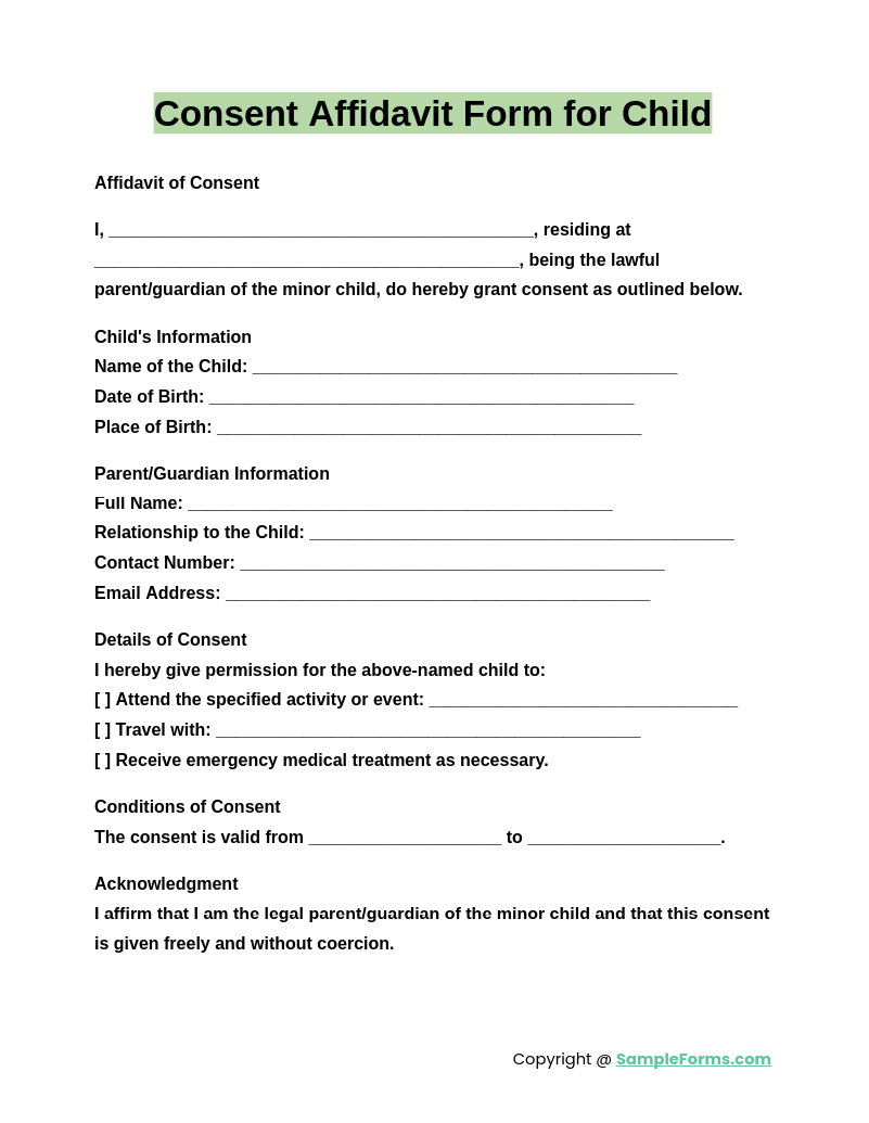 consent affidavit form for child