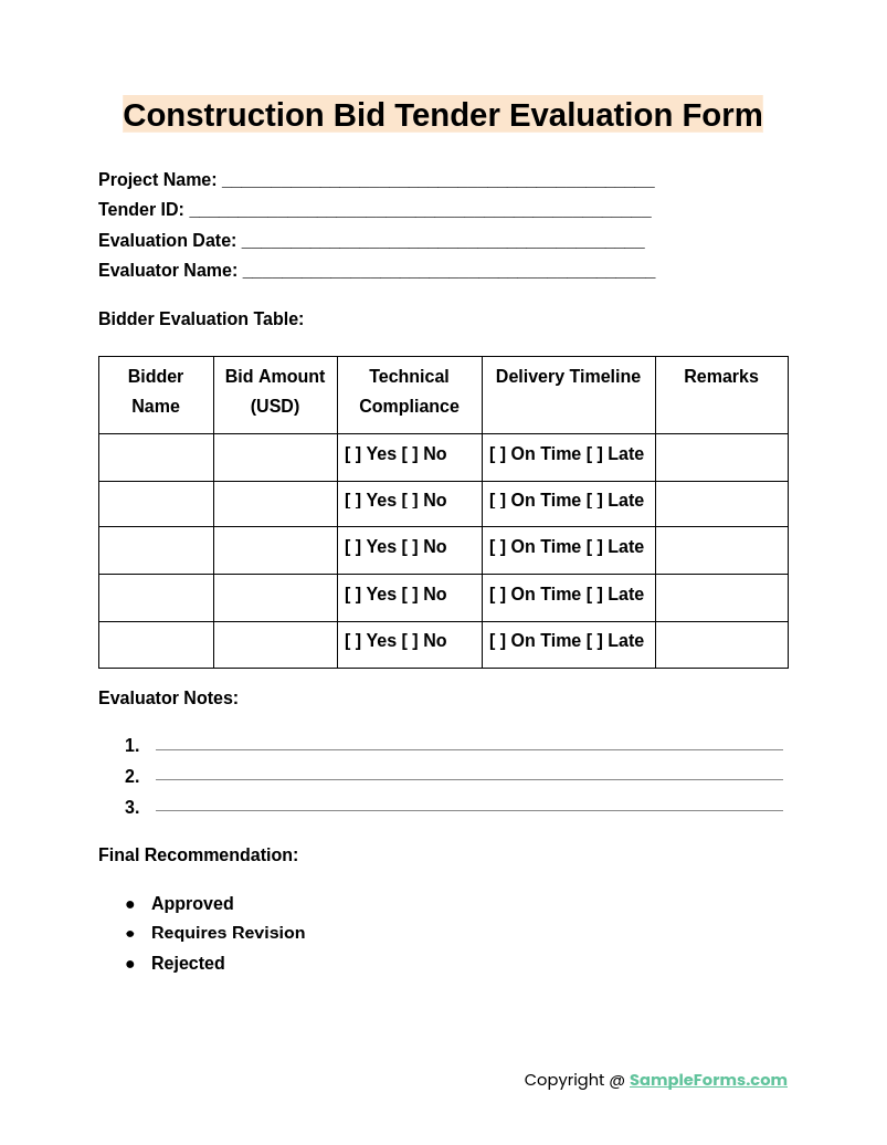 construction bid tender evaluation form