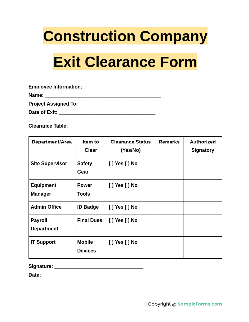 construction company exit clearance form