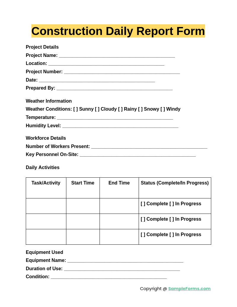 construction daily report form