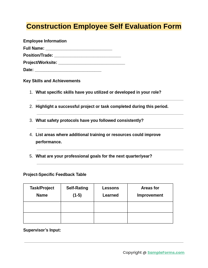 construction employee self evaluation form