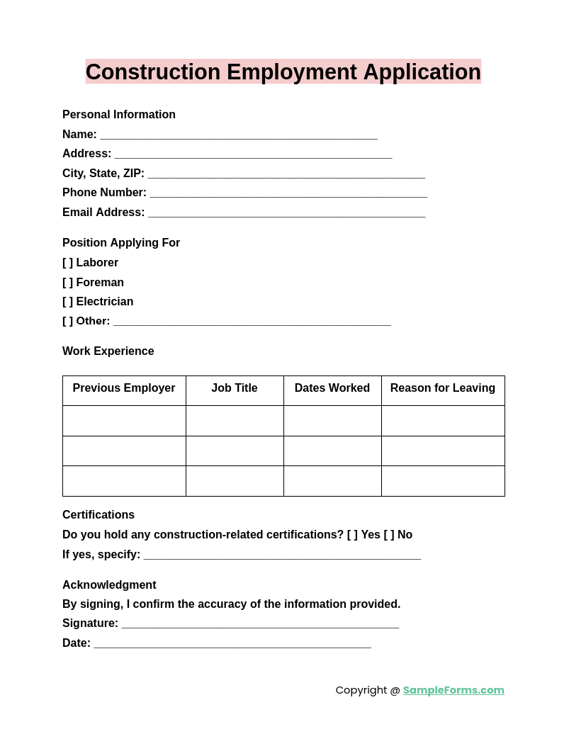 construction employment application