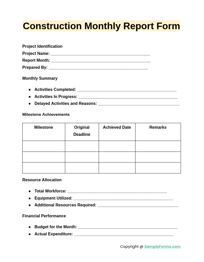 construction monthly report form