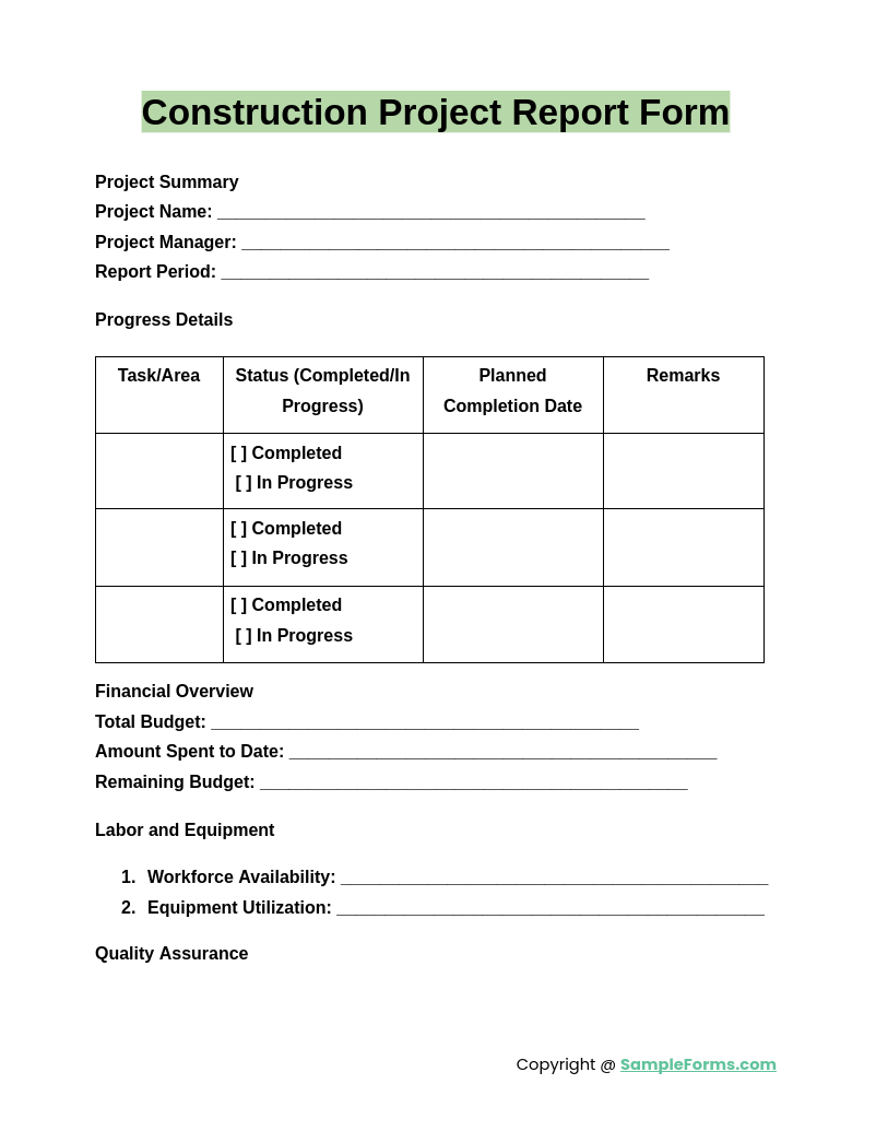 construction project report form