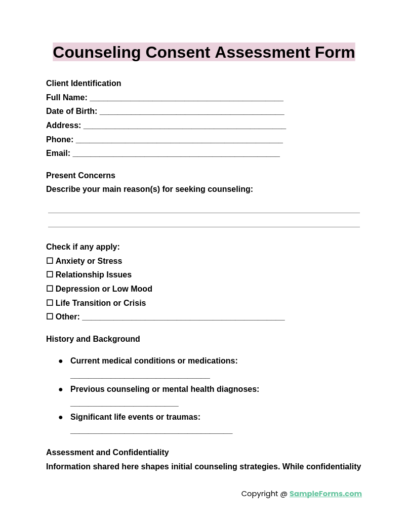 counseling consent assessment form