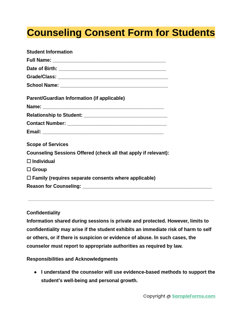 counseling consent form for student