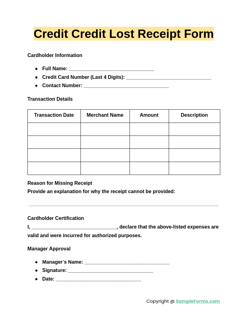 credit credit lost receipt form